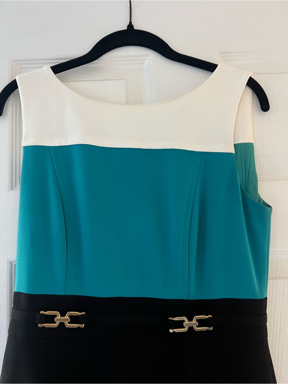 Tahari Teal, White & Black Sleeveless Sheath Dress with Gold Accents - Picture 2 of 4